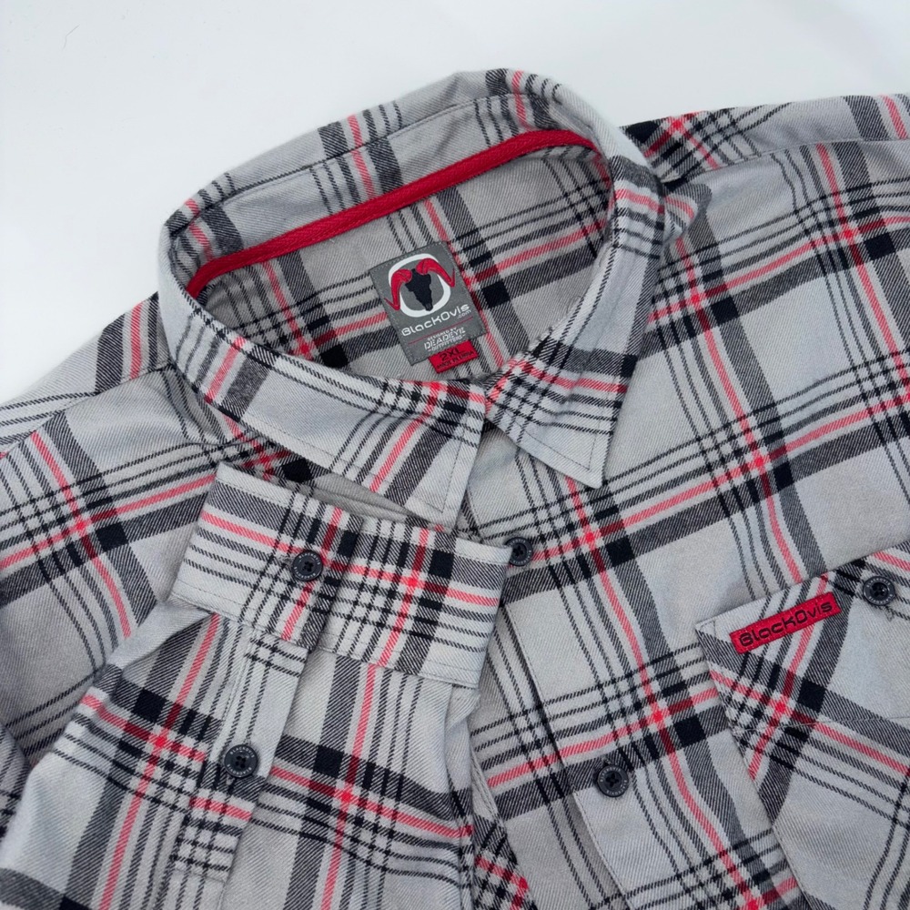 BlackOvis Deadeye Outfitters Plaid Flannel Shirt Mens 2XL Grey Red Button Down